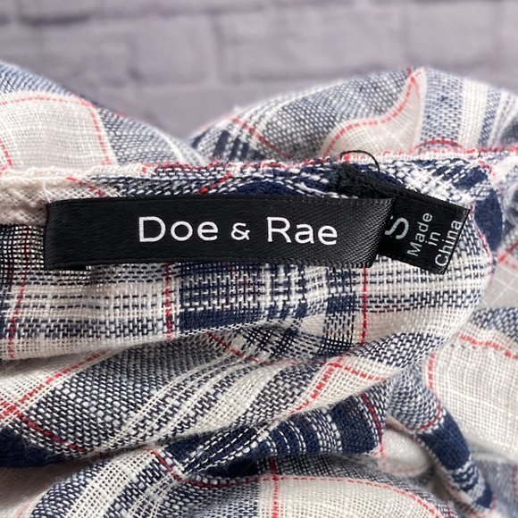 Anthropologie Small S Doe & Rae Cream Blue Plaid Tie Front 100% Cotton Blouse - Picture 3 of 4